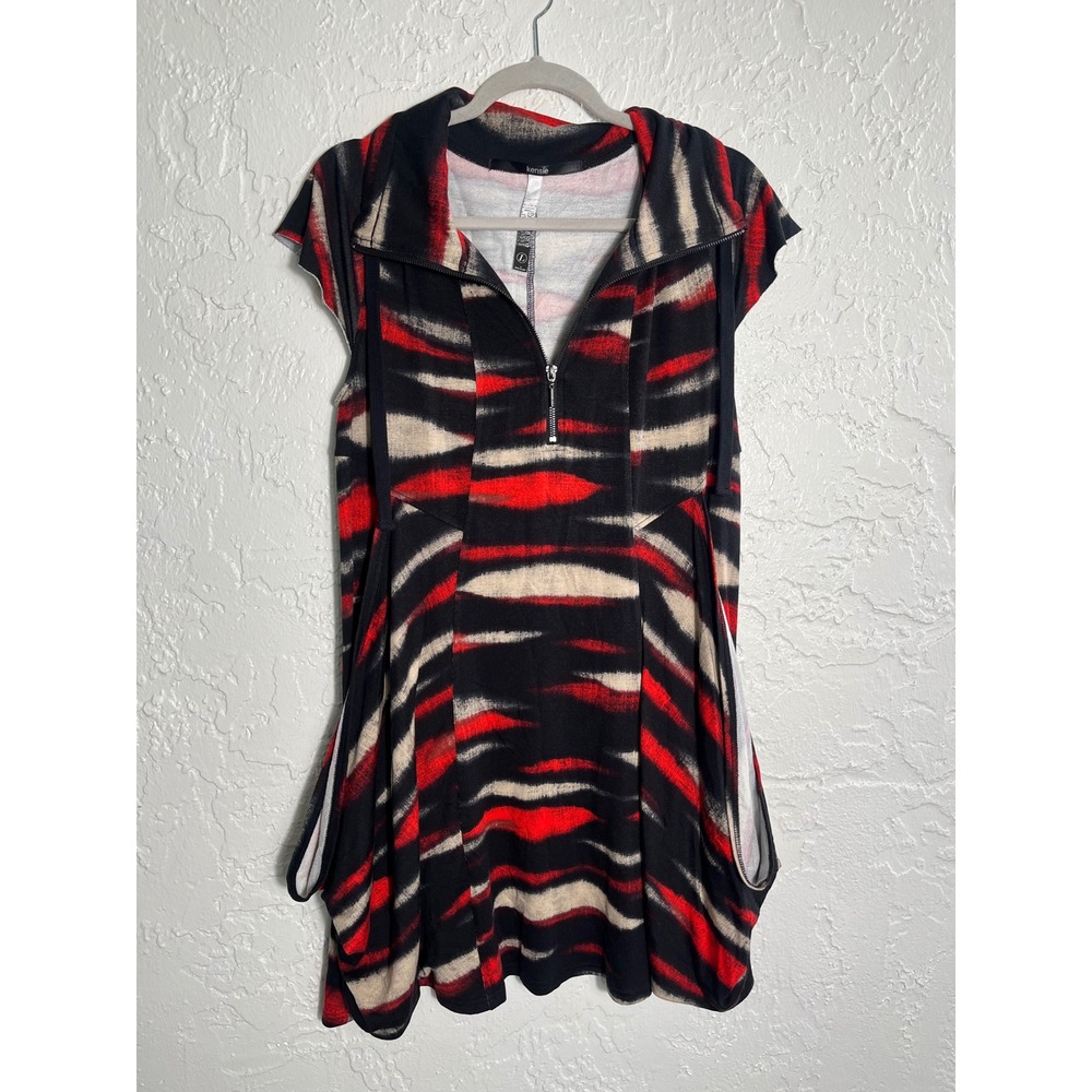 Kensie Size Large Hooded‎ Tunic Dress Red Black Abstract Print Quarter Zip